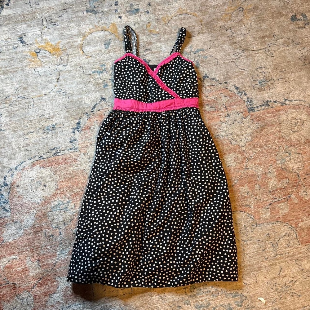 Emily West Black Pink Polka Dot Tie Back Dress Y2K Ruffle Trim Girls 18.5 Small